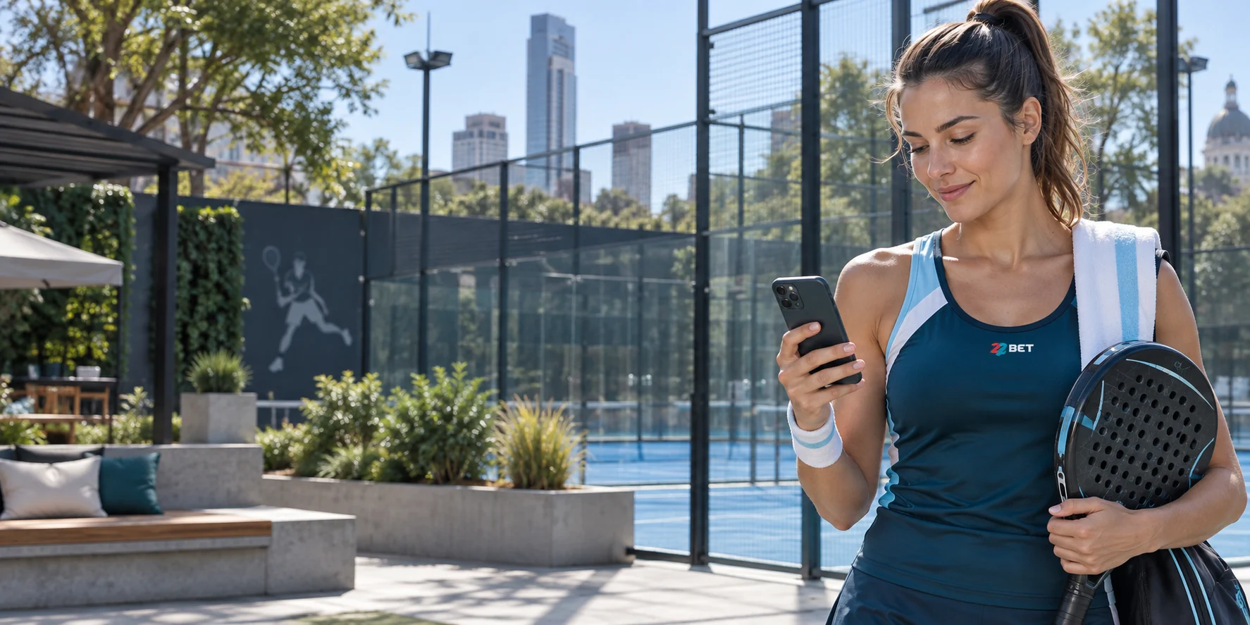 Deportista de pádel con un celular e indumentaria de 22BET